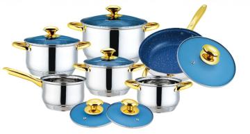 12pcs Cookware Set with Blue Glass Stainless Steel