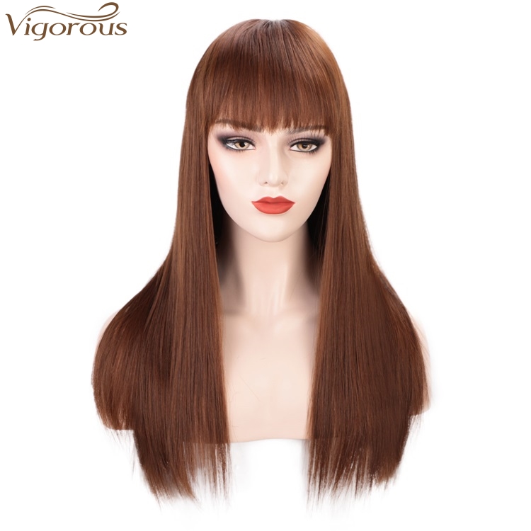 Vigorous Good Quality  High Temperature Long Straight Synthetic Hair Wigs for Women Brown Wigs With Bangs Wholesale