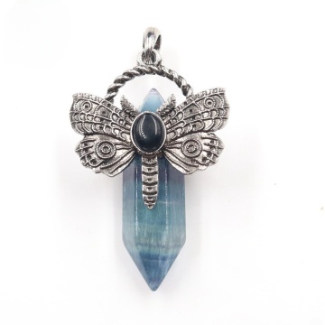 Fluorite Hexagonal Pillar Silver Dragonfly Pendant for DIY Making Jewelry