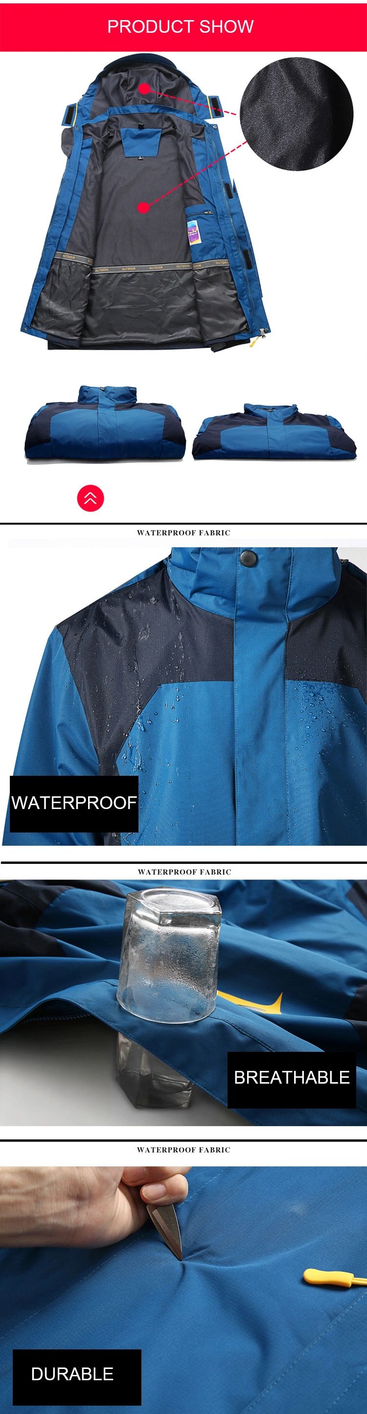 OEM Outdoor Unisex Mens Waterproof Windproof Wear Detachable Lining Hiking 3 in 1 Jackets