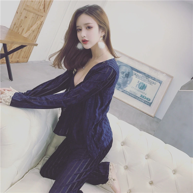 Latest Fashion Long Sleeve Autumn Womans Sexy Silk 3 Piece Set Fall Pajamas for Women