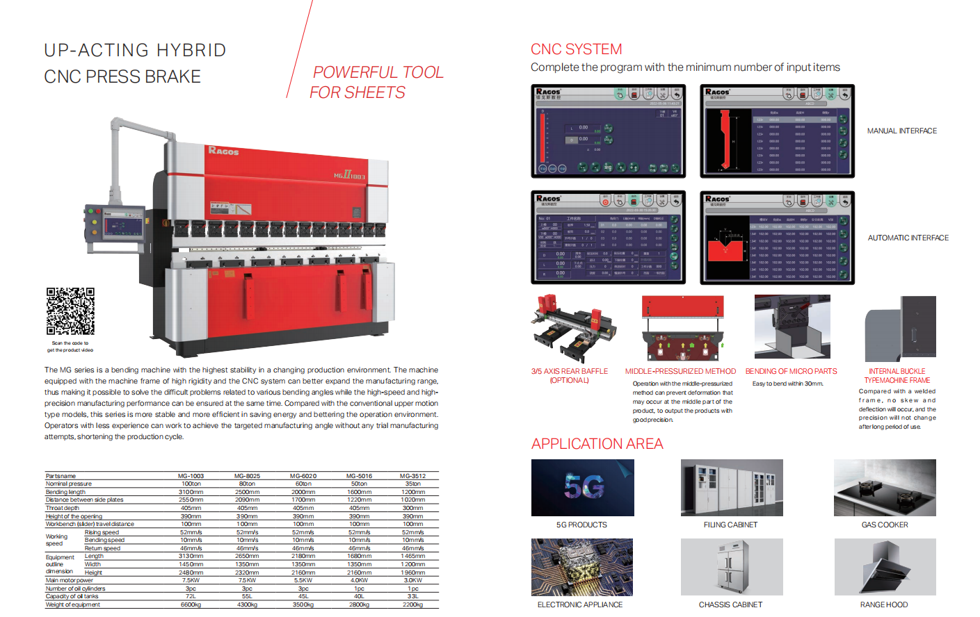 Up-acting hybrid cnc press brake MG/MGP series model parameter picture RAGOS