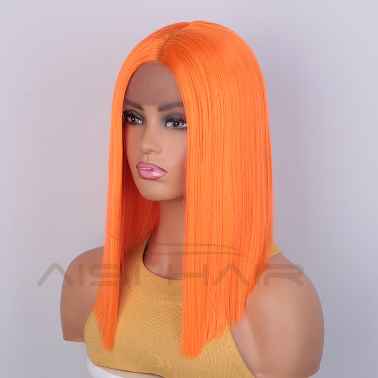 Aisi Hair Medium Long 16 Inch Cosplay Orange Wig Swiss Lace Wig Silky Straight Synthetic Lace Frontal Hair Wigs For Black Women