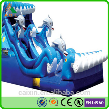 blue color ocean wave PVC0.55mm inflatable slides with dolphies water slides inflatables