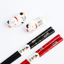 Environmental Customized Wedding Present: Lucky Cat Wooden Chopsticks & Ceramic Holder Set