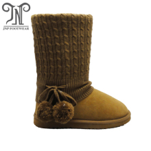 Winter Knit Top Side Pompoms Flat Leather boots