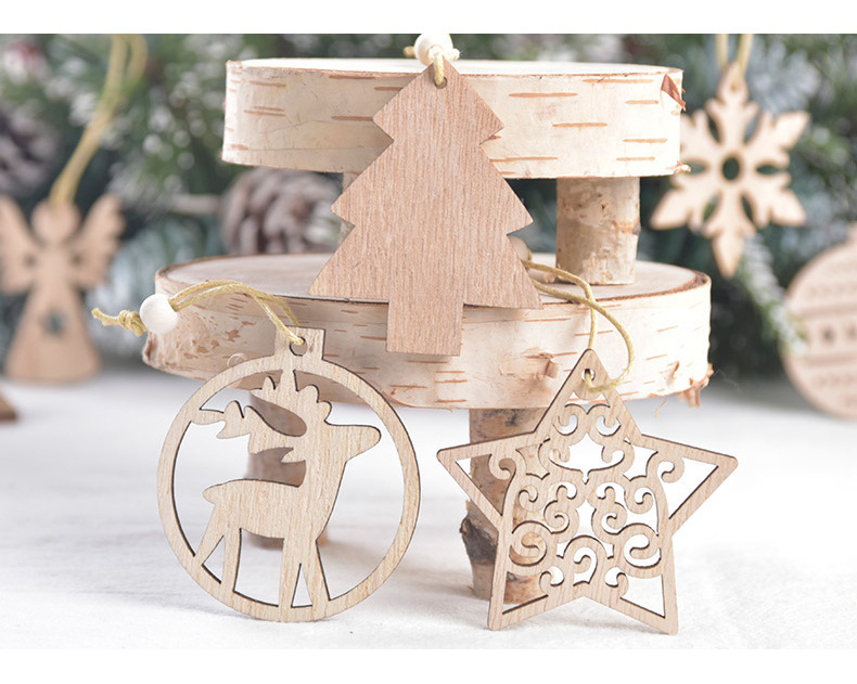 Christmas Decoration Supplies Boxed Wooden Christmas Snowflake Small Pendant Laser Cutting Hollow-out Ornaments