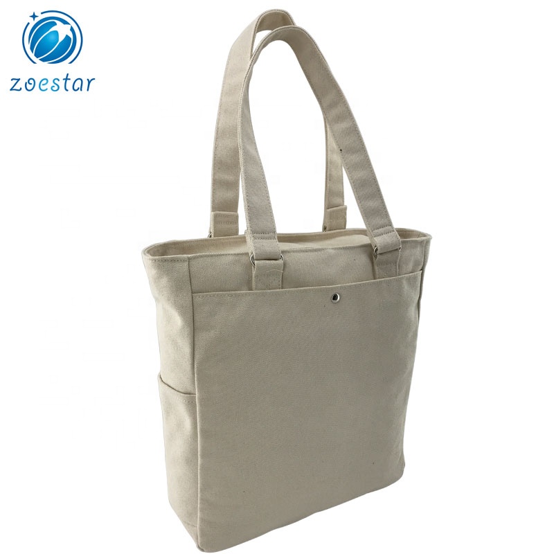 One Large Compartment Canvas Tote Shoulder Bag with Pockets Daily Shopping Bag