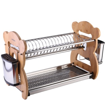 Bamboo Double Dish Bowl Drying Rack for Easy Kitchen Cleaning