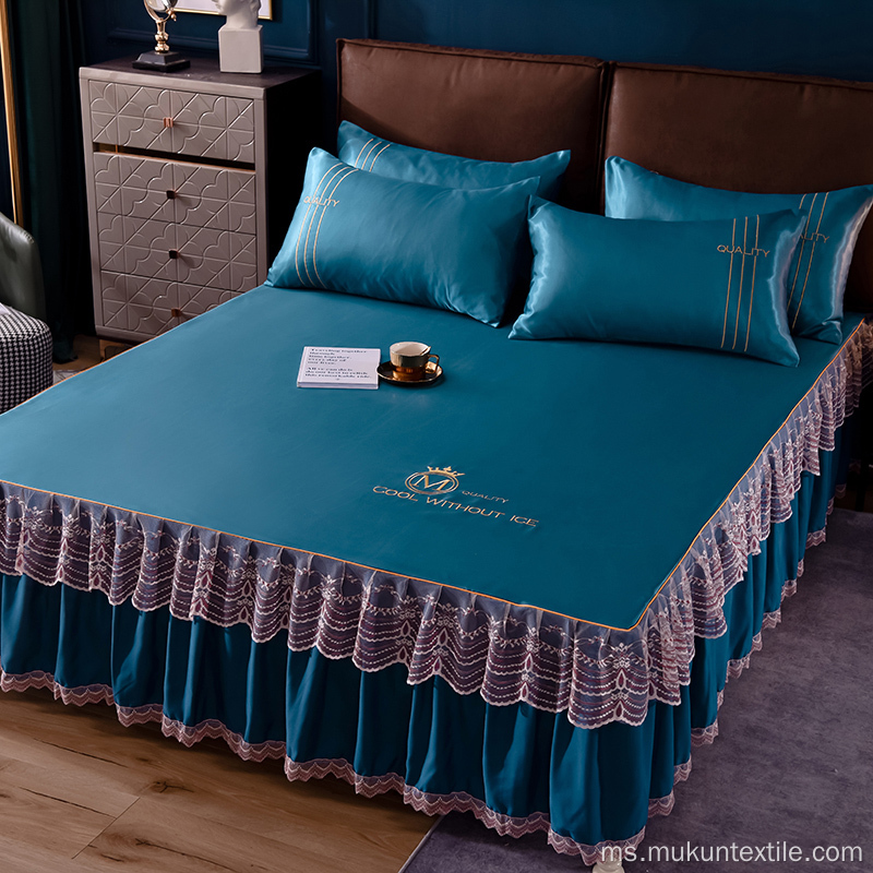 Set Tempat Tidur Mewah Microfiber Warna Pepejal Skirt Katil