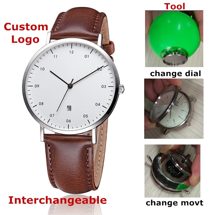 interchangeable dial face watch changeable movement brand your own watches leather band date day stainless steel back timepieces