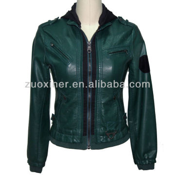 Malange fleece hooded PU jacket for lady| leather biker jacket