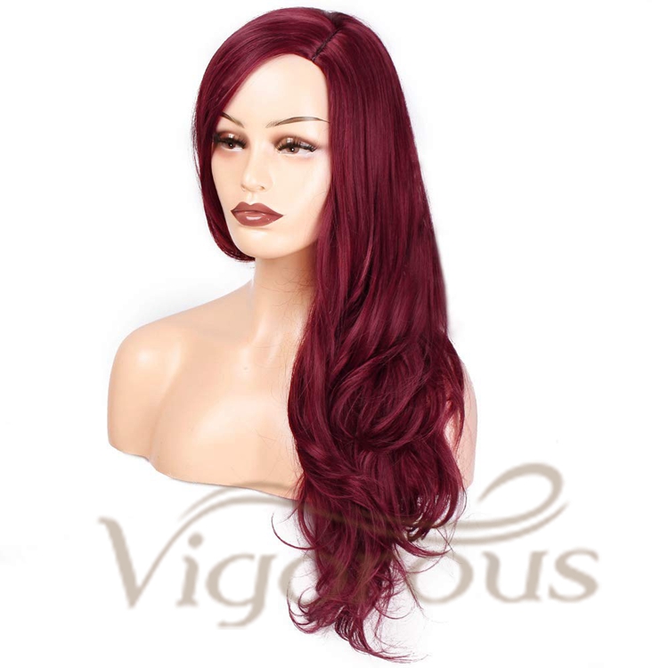 Vigorous Wholesale Cheap Side Part Burgundy Heat Resistant Fiber Body Wave Machine Made For Black Women Synthetic Hair Wigs