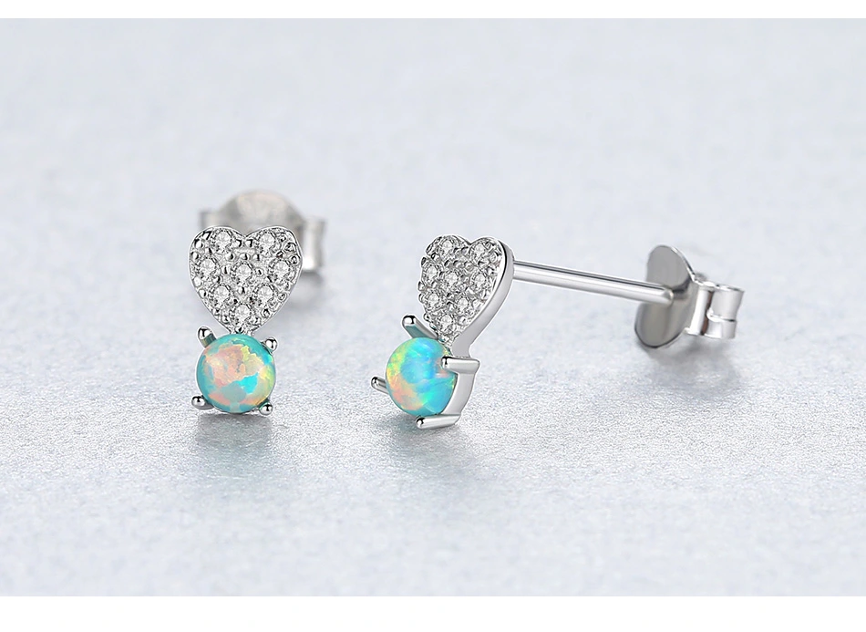 Creative Heart Shape CZ Opal 925 Sterling Silver Stud Earrings