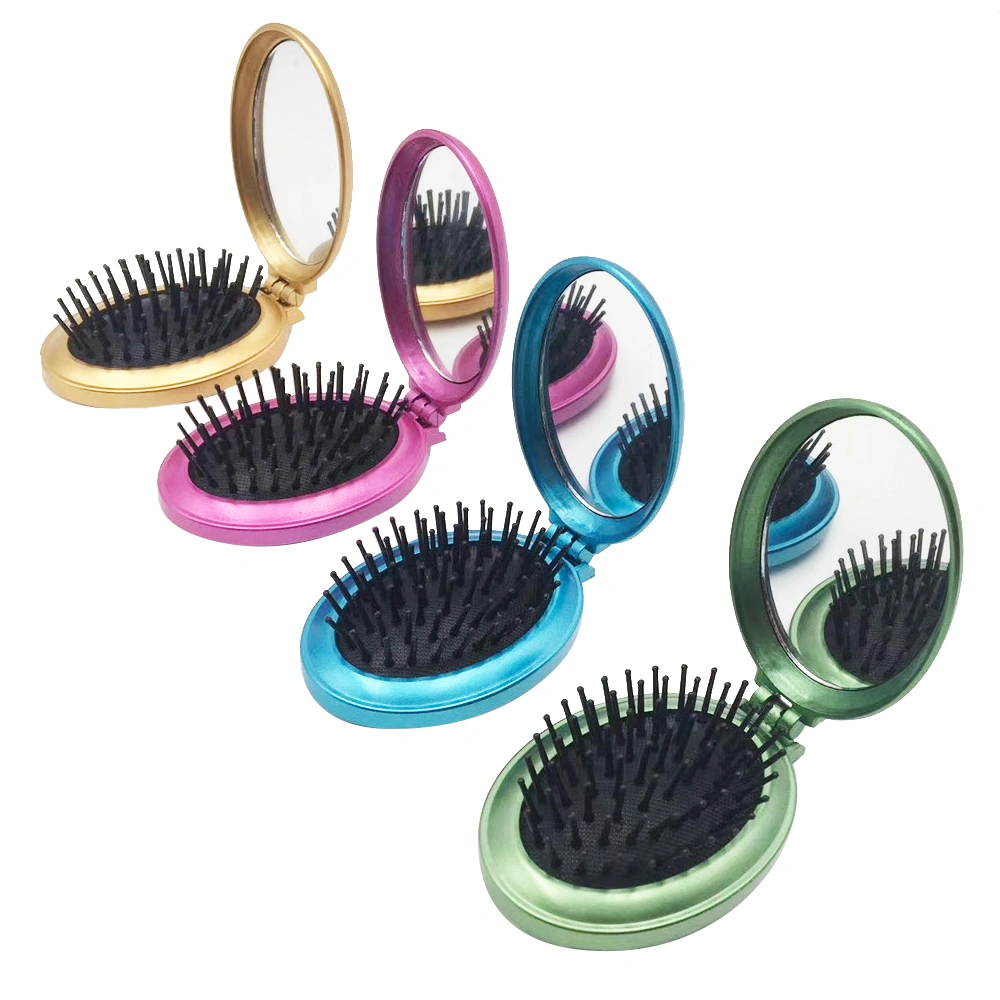 Portable Travel Folding Round Pop-up Hair Brush with Mirror