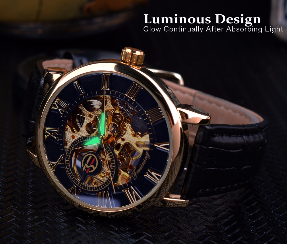 Forsining 052 Automatic Watch Men Sport Gold Mechanical Skeleton Watches Brand Mens Watch Leather Wristwatch Relogio Masculino