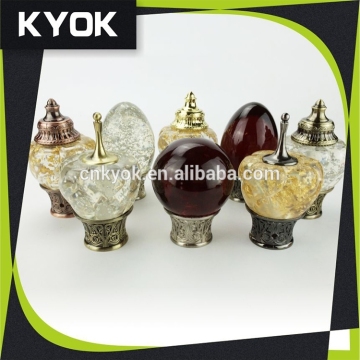 KYOK High quality fashionable resin curtain rod finials, crystal glass finials for curtain rods carved metal curtain tube