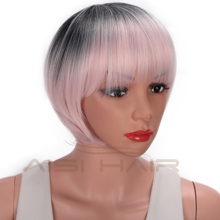 Aisi Hair High Temperature Fiber Straight Short Bob Wigs Ombre Pink Short Bob Wigs with Neat Bangs Cosplay Short Bob Wigs