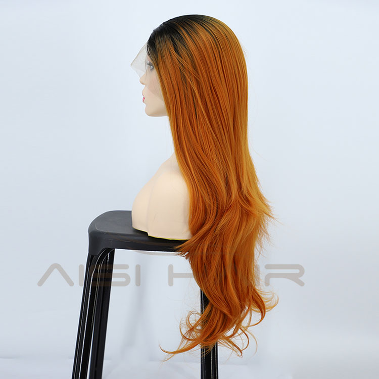 Aisi Hair High Quality 28 Inch Body Wave Curly Long Wavy Ombre Orange Lace Frontal Synthetic Hair For Black Women Lace Front Wig