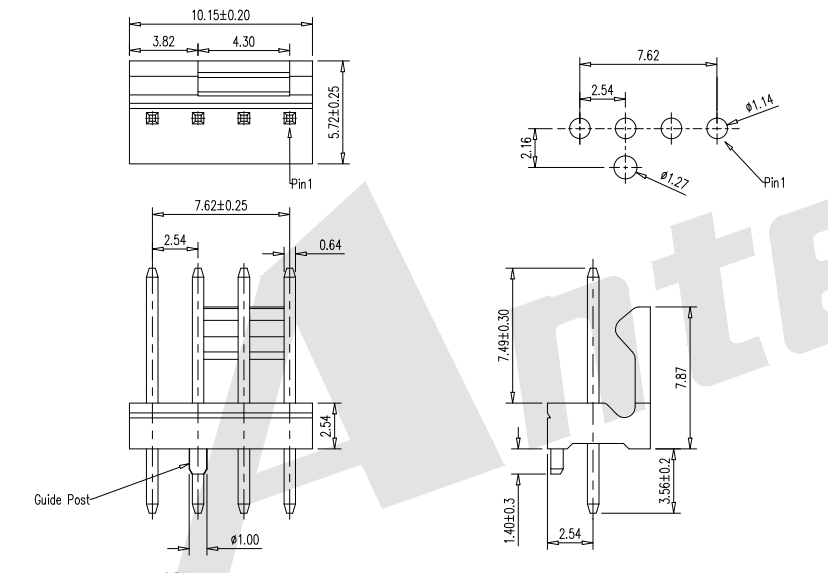 보스 AW2543VD-04P-X가있는 2.54mm 피치 180 ° 웨이퍼 커넥터