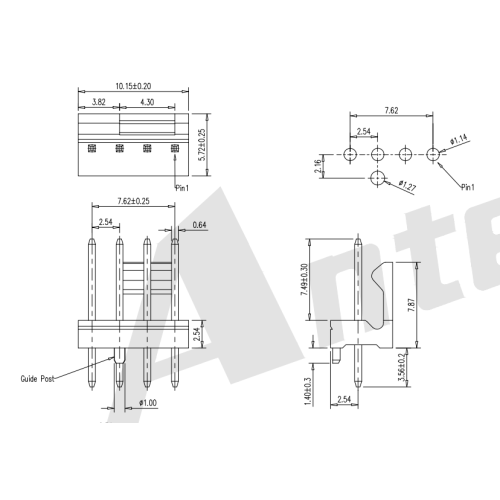 Conector de obleas de 5,54 mm de 180 ° con jefe AW2543VD-04P-X