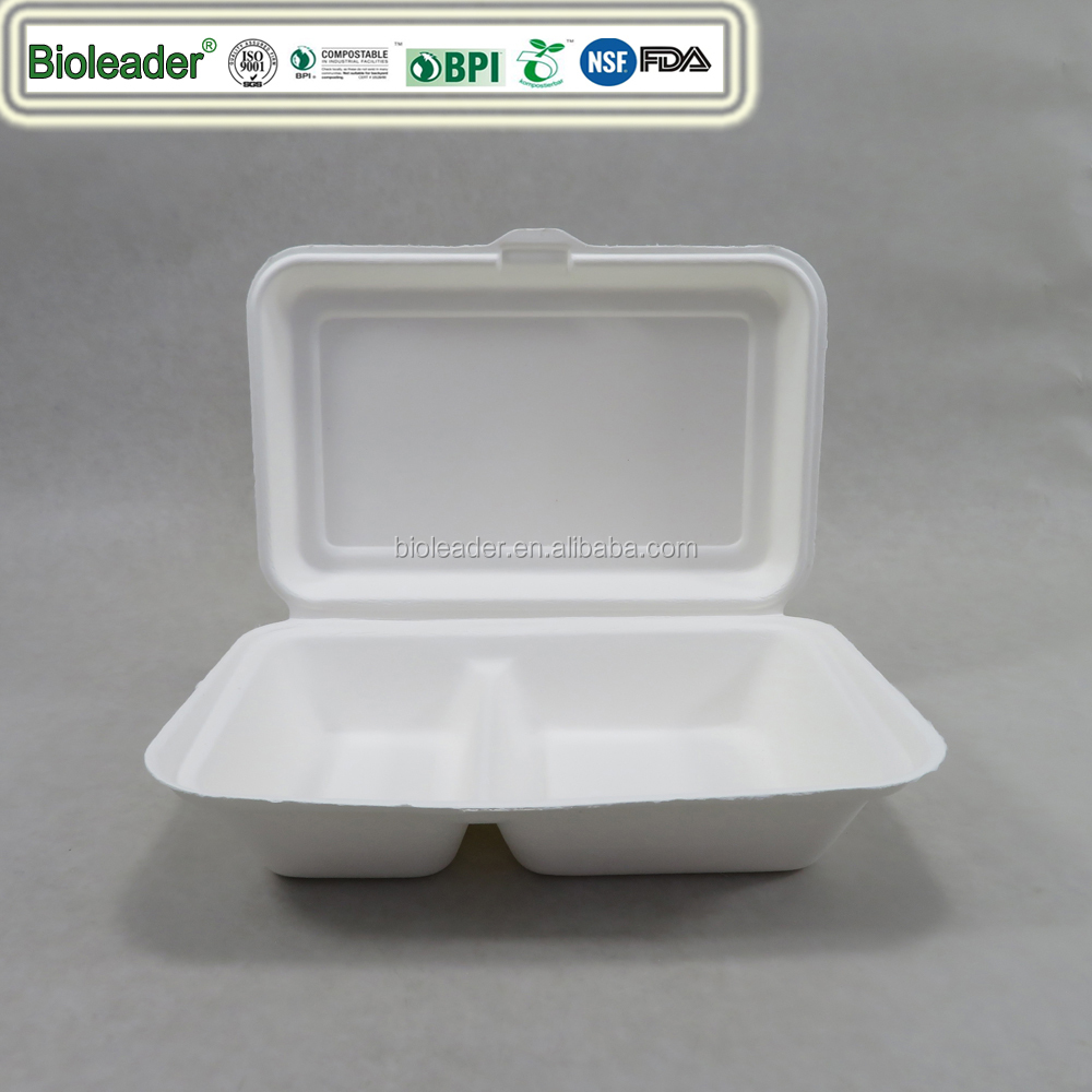 Biodegradable Sugarcane Pulp 2 Compartments Disposable Food Container For Takeout