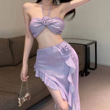 Floral Strapless Camisole Top and Split Skirt Swimsuit Set