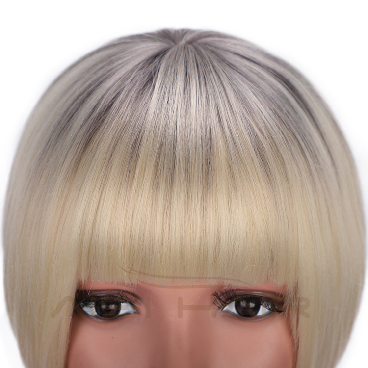 Aisi Hair Short Bob Wigs Heat Resistant Synthetic Fiber Ombre Blonde Straight Short Bob Wigs with Neat Bangs for Women