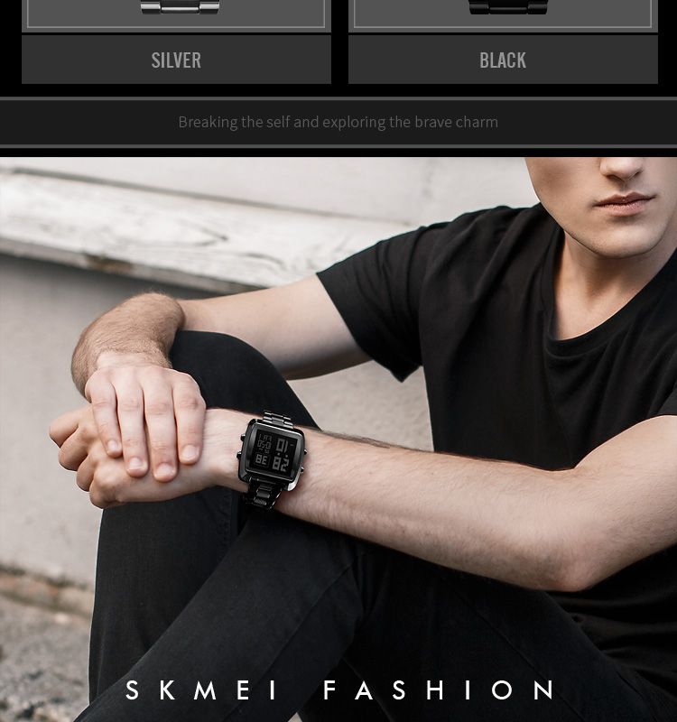 Skmei 1369 luxury custom logo stainless steel strap waterproof 3ATM black gold digital watch for men