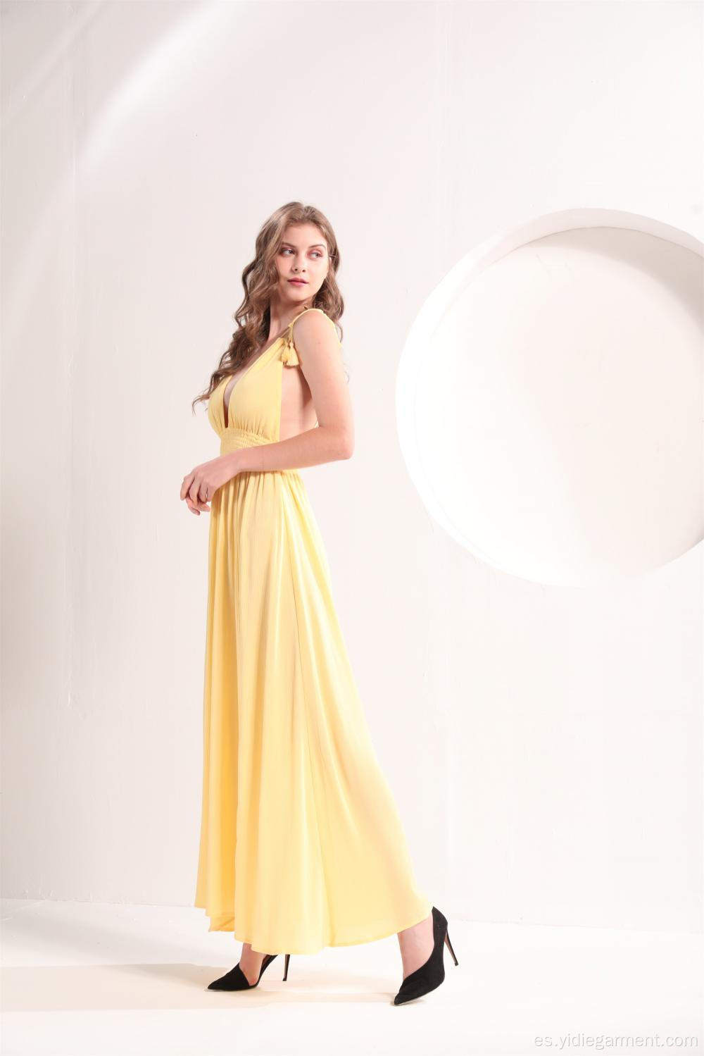 Vestido amarillo escote en V para mujer