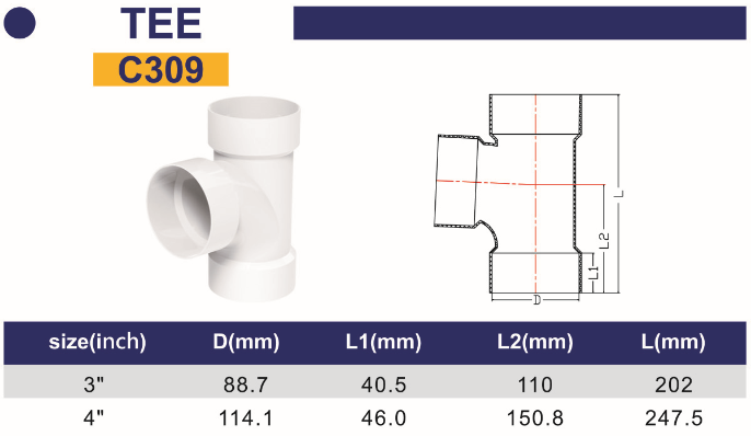 Fitting with the rubber gaske plastic pvc pipe tee