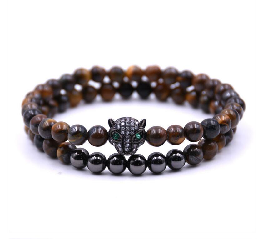 Pulsera de leopardo de moda con 6MM pulsera de cuentas para hombres joyas