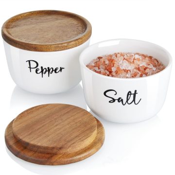 Ceramic Salt and Pepper Cellar Set with Wooden Lid