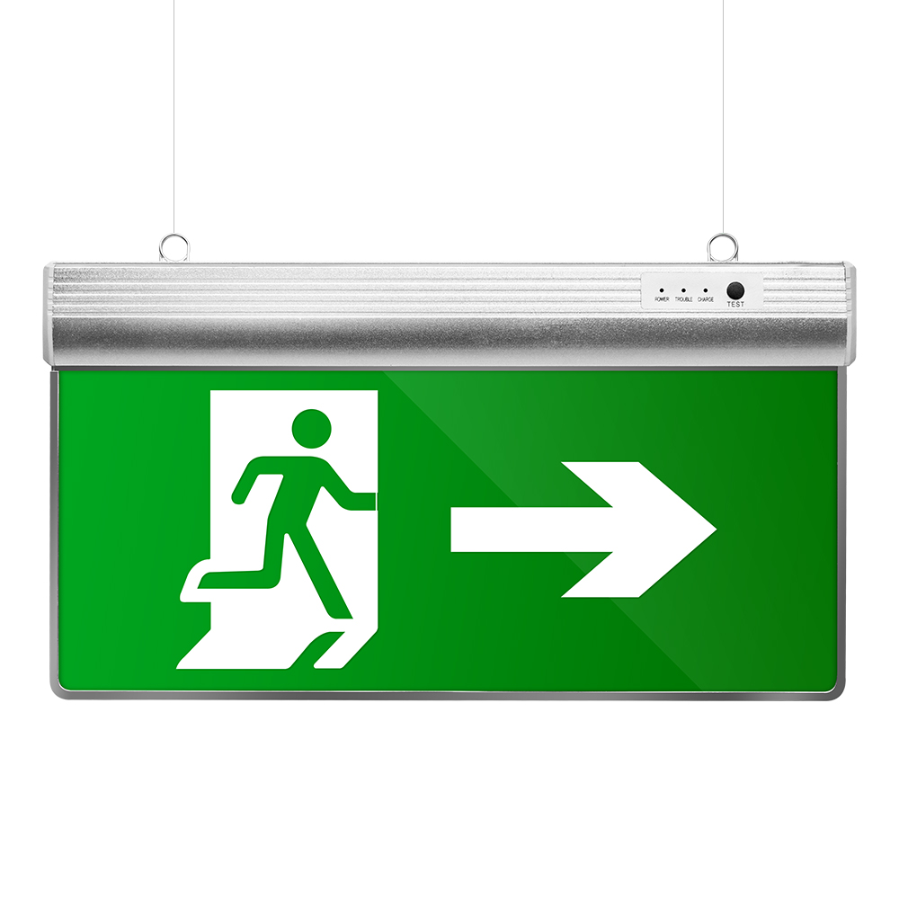 Green emergency exit signs for shopping malls