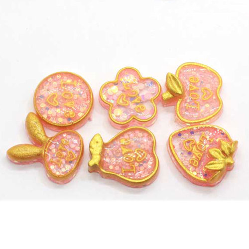 100 stks Gouden Rand Glitter Fruit Hart Aardbei Peer Plat Planar Hars Cabochon Voor DIY Craft