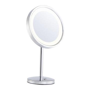Lighted round standing magnifying mirror