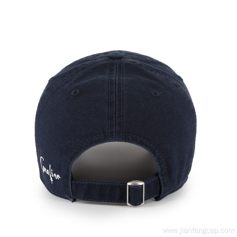 unisex navy blue dad hat with embroidered logo