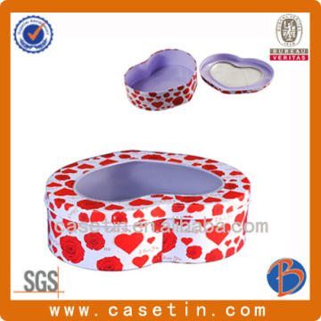 Heart shaped candy tin box with transparent PVC