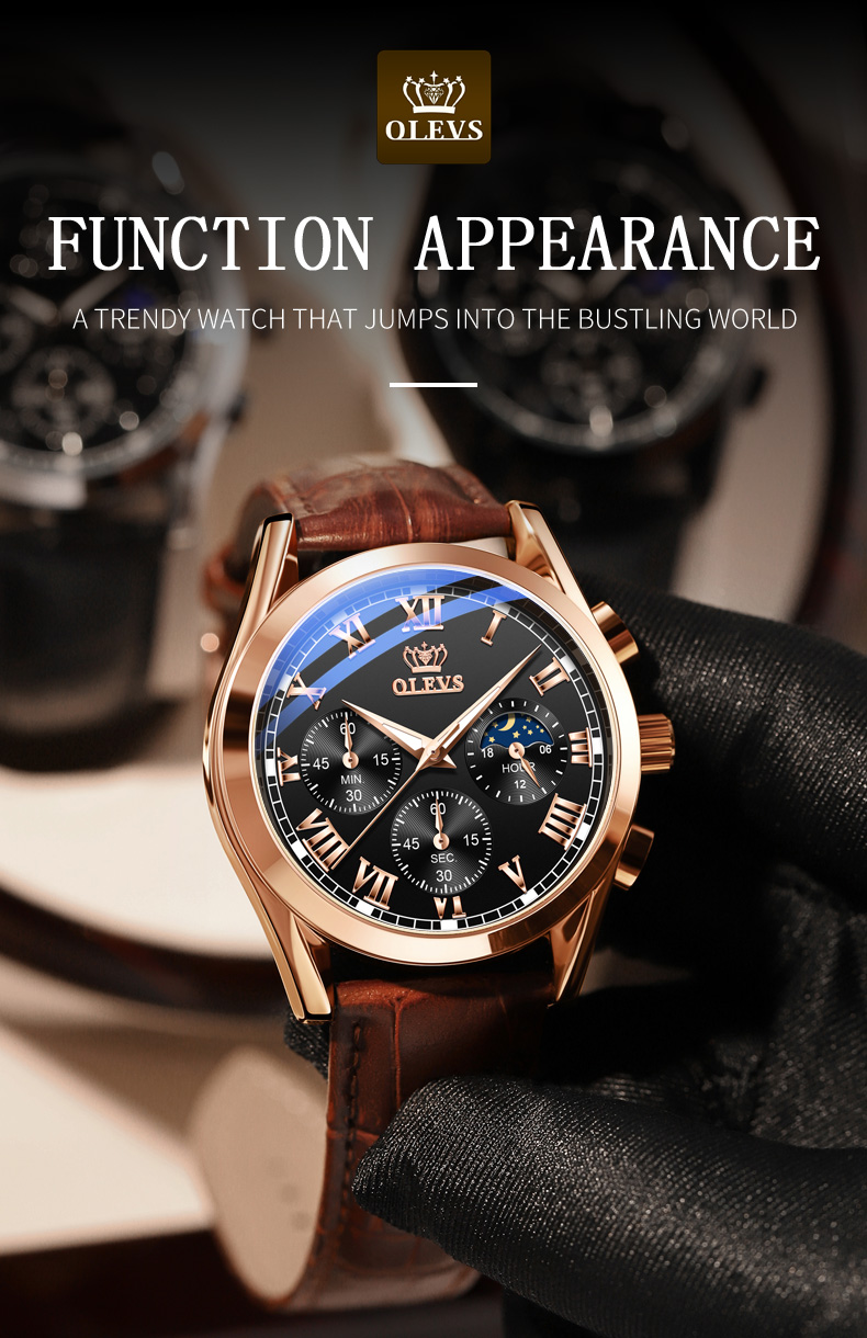 OLEVS 2871 Multifunctional Sports Watches Leather Luxury Fashion Genuine Leather Man Wristwatch Waterproof Luminous Men's Watch