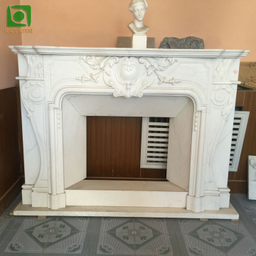 White Marble Gas Fireplace Mantel with Home Room Decorative Floral Design