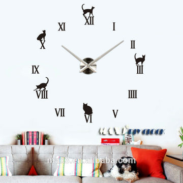 Black Cat Mirror Sticker Clock Wall Hour Wall Clock