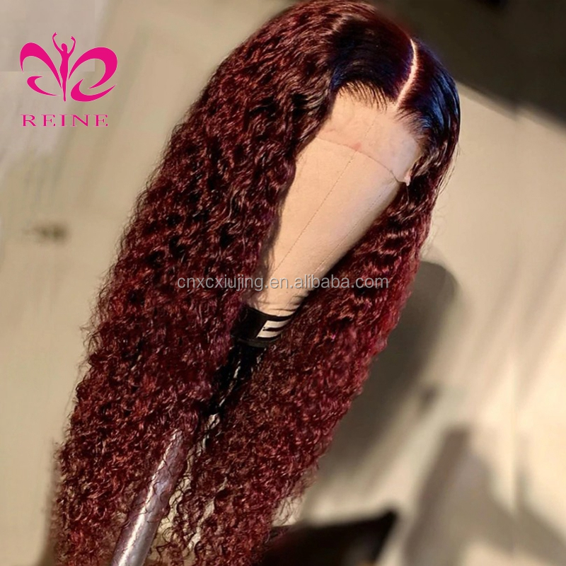 REINE OMBRE  99j Curly Lace Front Human Hair Wigs 4*4 Middle Part Lace Wigs With Baby Hair 8-22 Brazilian Middle Ratio Non-Remy