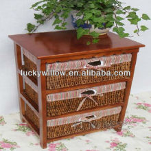 wooden cabinet with wicker basket drawers