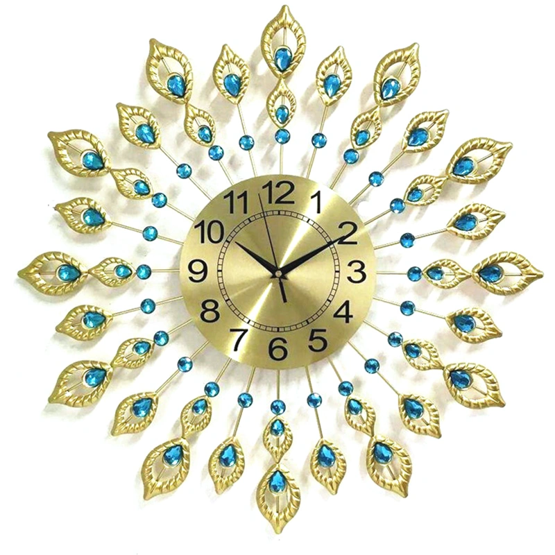 Home Decoration Diamond Metal Design Crystal Peacock Luxury Wall Clock