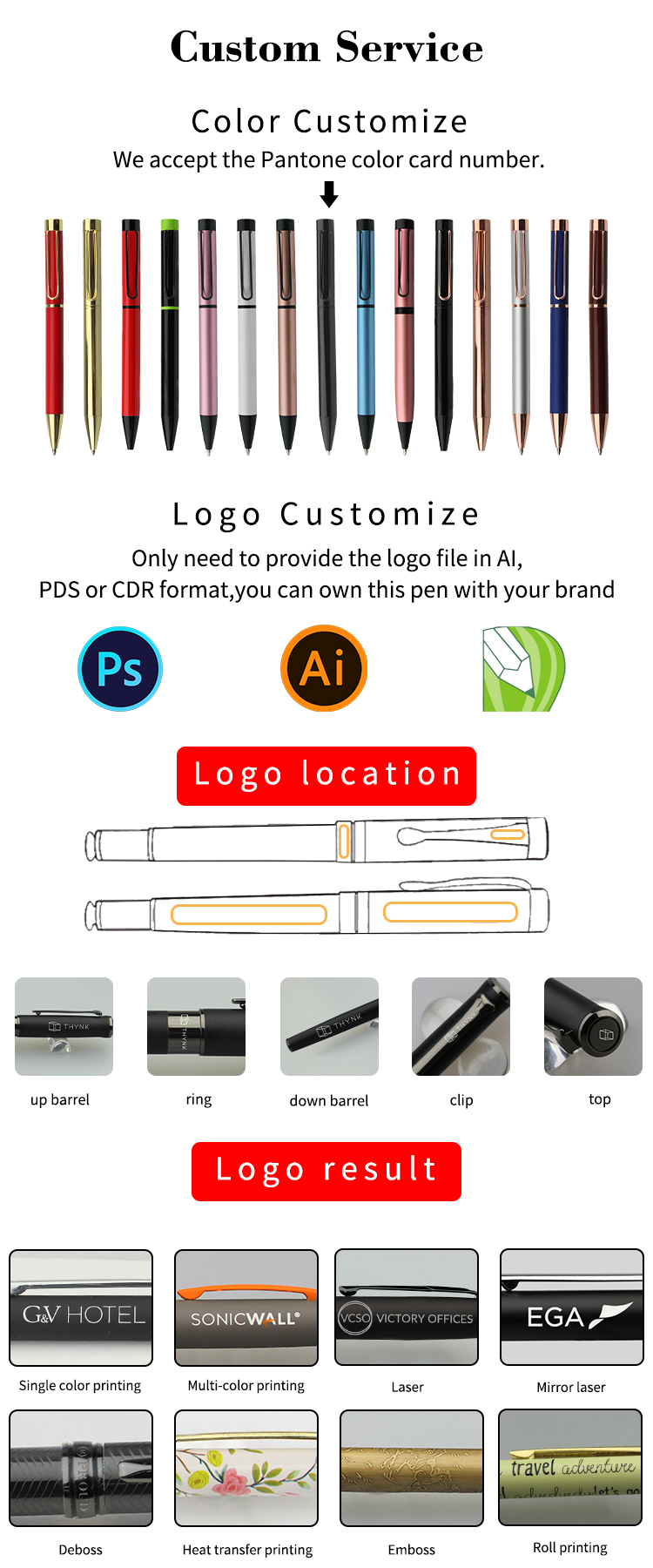 Good quality branded free ink refill bal pens with printed logo