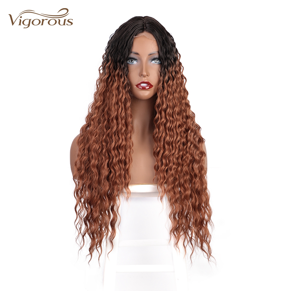 Vigorous High Quality Long Jerry Curl Small Part Lace Natural Hairline Ombre Honey Brown For Black Women Synthetic Hair Wigs