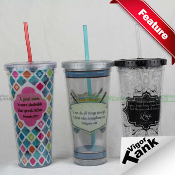 Plastic Double Wall Cup with Straw and Lid