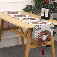 Modern Christmas Knit Table Runner with White Tassels - Festive Table Decor