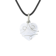 Opalite 30MM Love Heart Pendant Wrapped Steel Wire Necklace 45CM Black Cord