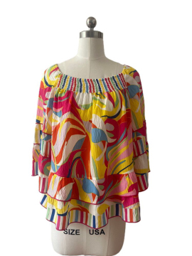 Colorful Abstract Waves Print Geometric Tunic Shirt Bright